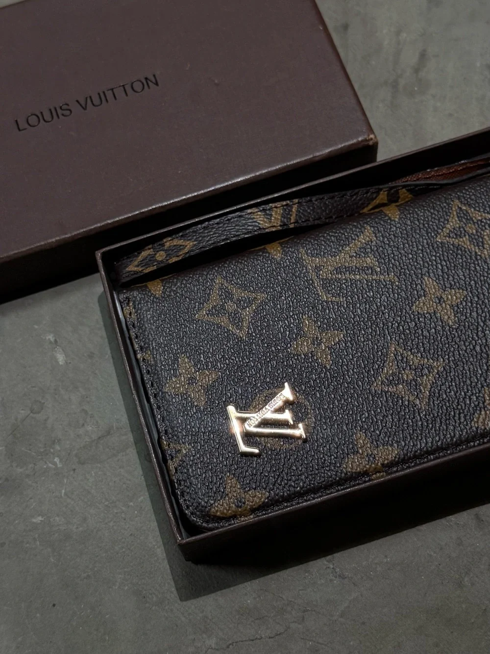 Louis Vuitton Monogram Style Wallet Phone Case Brown Folio Wrist Strap w/ Box